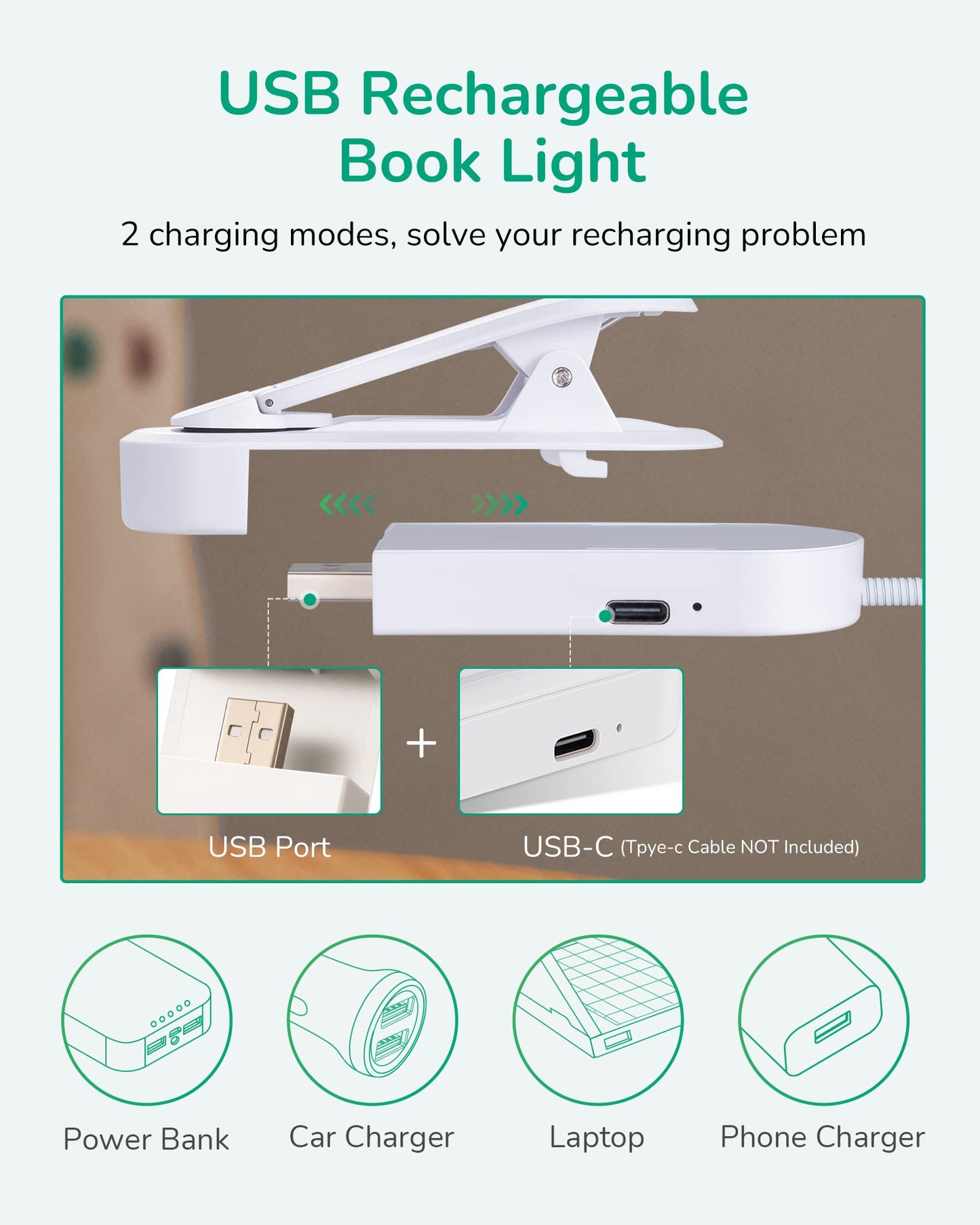 EDISHINE Book Light, USB Rechargeable LED Clip-on Lamp, 3 Color Modes, Stepless Dimmable, White, Model HBRL10A1