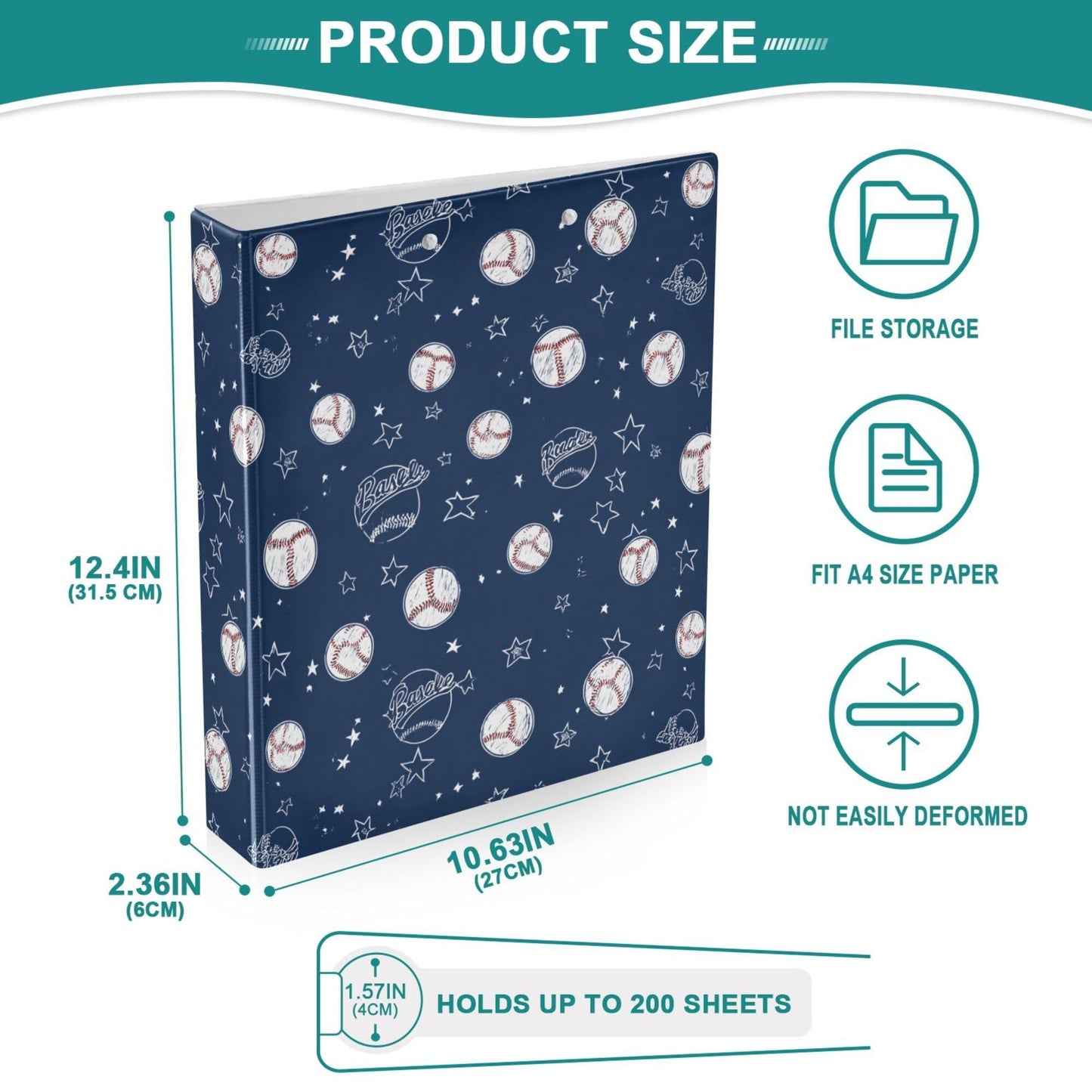 Baseballs and Stars Round Ring Binders 1.5 Inch Softball White Blue Purple 3 Ring Clipboard Binder for Office School Work Supplies File Folder 200 Sheet Capacity