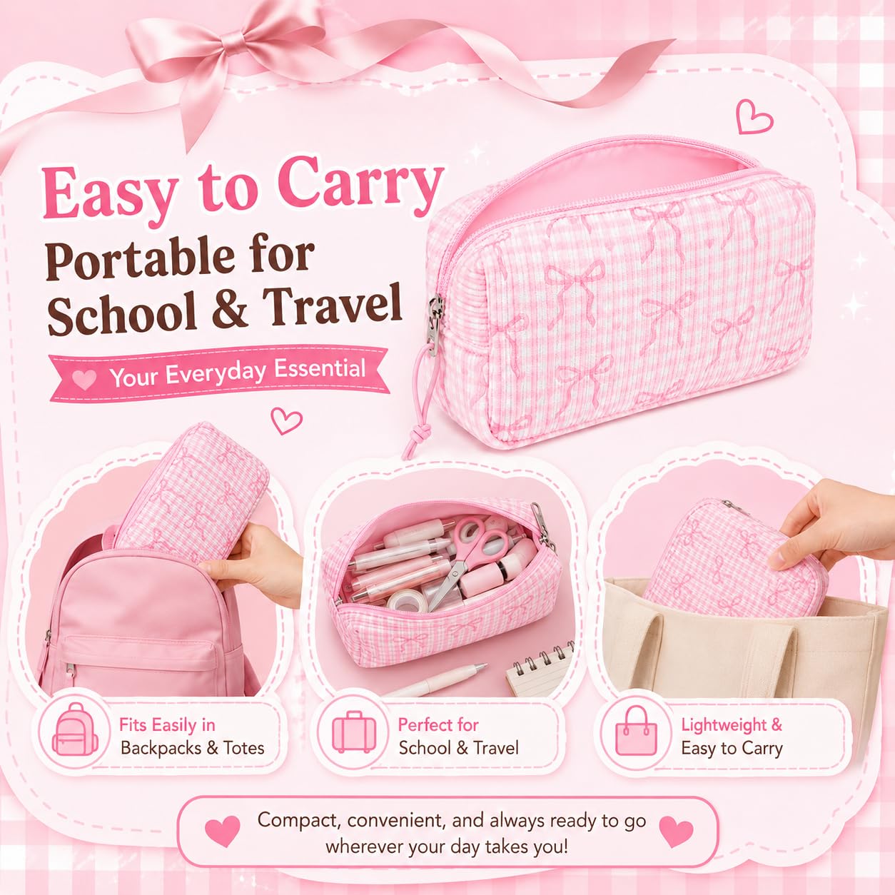 LEDAOU Cute Pencil Case for Kids Girls Boys Pencil Pouch kawaii Pen Pencil Box Bag Holder for School Students (Corduroy Pink Bow Checkered)