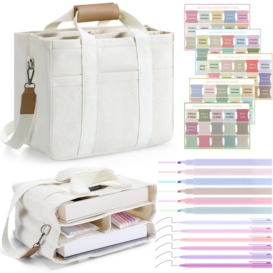 Fullhawl Bible Tote Bag Kit Scripture Study Supplies Study Bag Pen Label Index Sticker for Christian Mothers Day Gift(White)