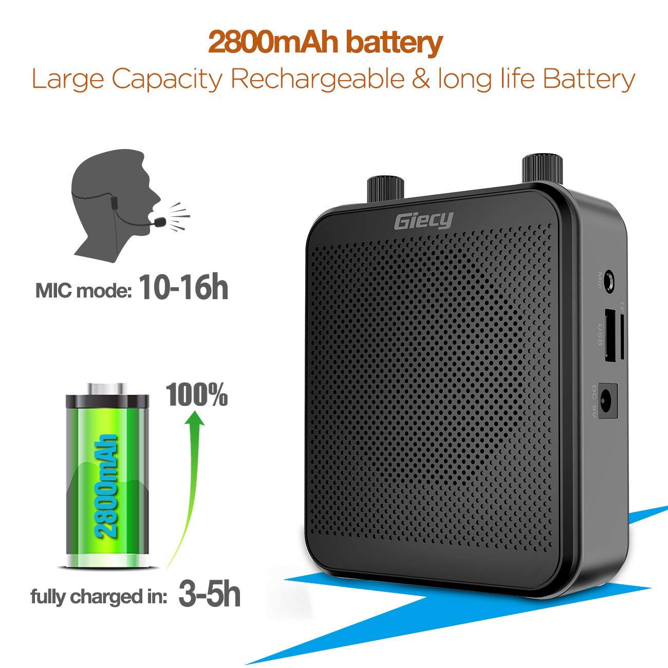 Giecy Portable Voice Amplifier, 30W 2800mAh Bluetooth Rechargeable Personal Voice Amplifier with Microphone Headset, Pa Systems Speaker for Multiple Locations Classroom, Meetings and Outdoors