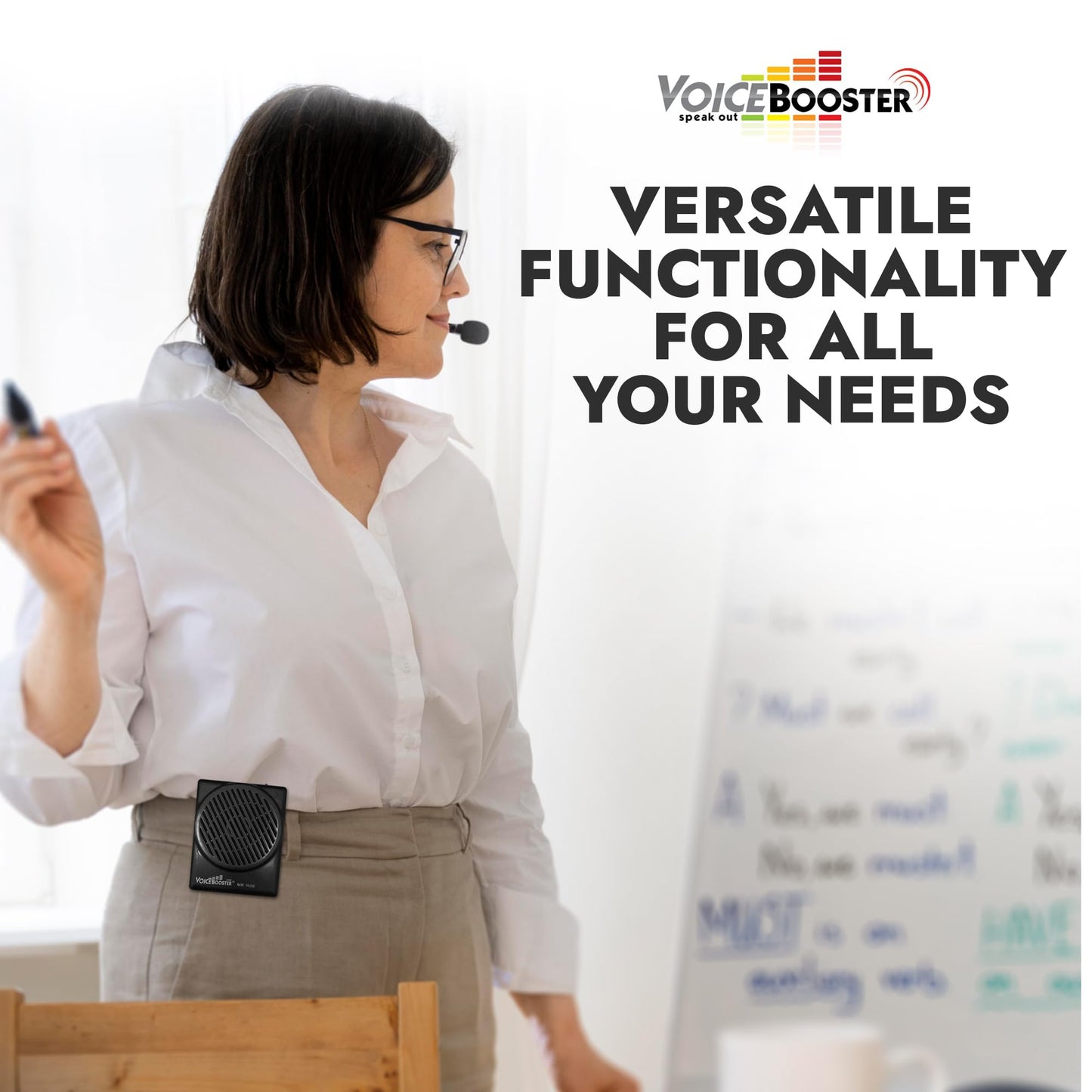 VoiceBooster Portable Voice Amplifier for Teachers - 10W Rechargeable Megaphone Speaker & MP3 Player with Wearable Microphone Headset for Classroom, Tour Guide, Elderly, Public Speaking - MR1506