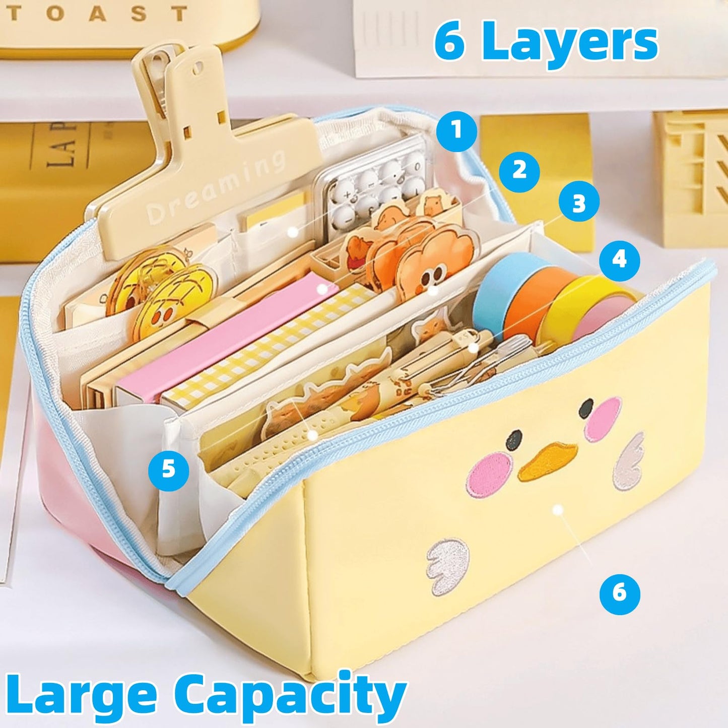 VTYFRY Cute Kawaii Pencil Case Pouch with Handle Cartoon Animal Large Capacity Pen Box Holder Organizer for Office Workspace Supplies Desk Accessories Travel Essentials Trendy Gift (Yellow Duck)