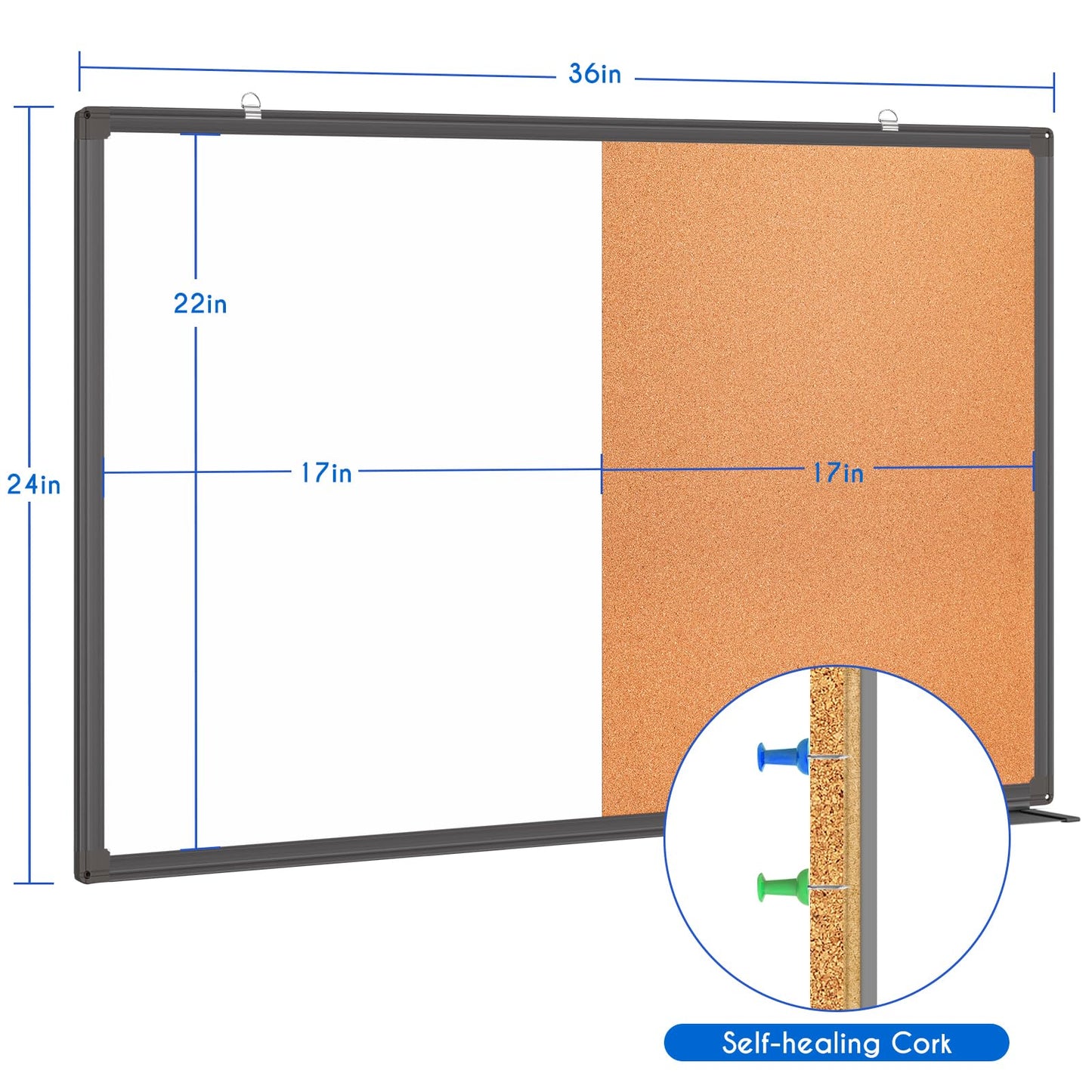 Magnetic White Board and Cork Board Combo, 36 X 24 inches Whiteboard Bulletin Combination Board, Wall Mounted Dry Erase Message Board for Home, School and Office, Black