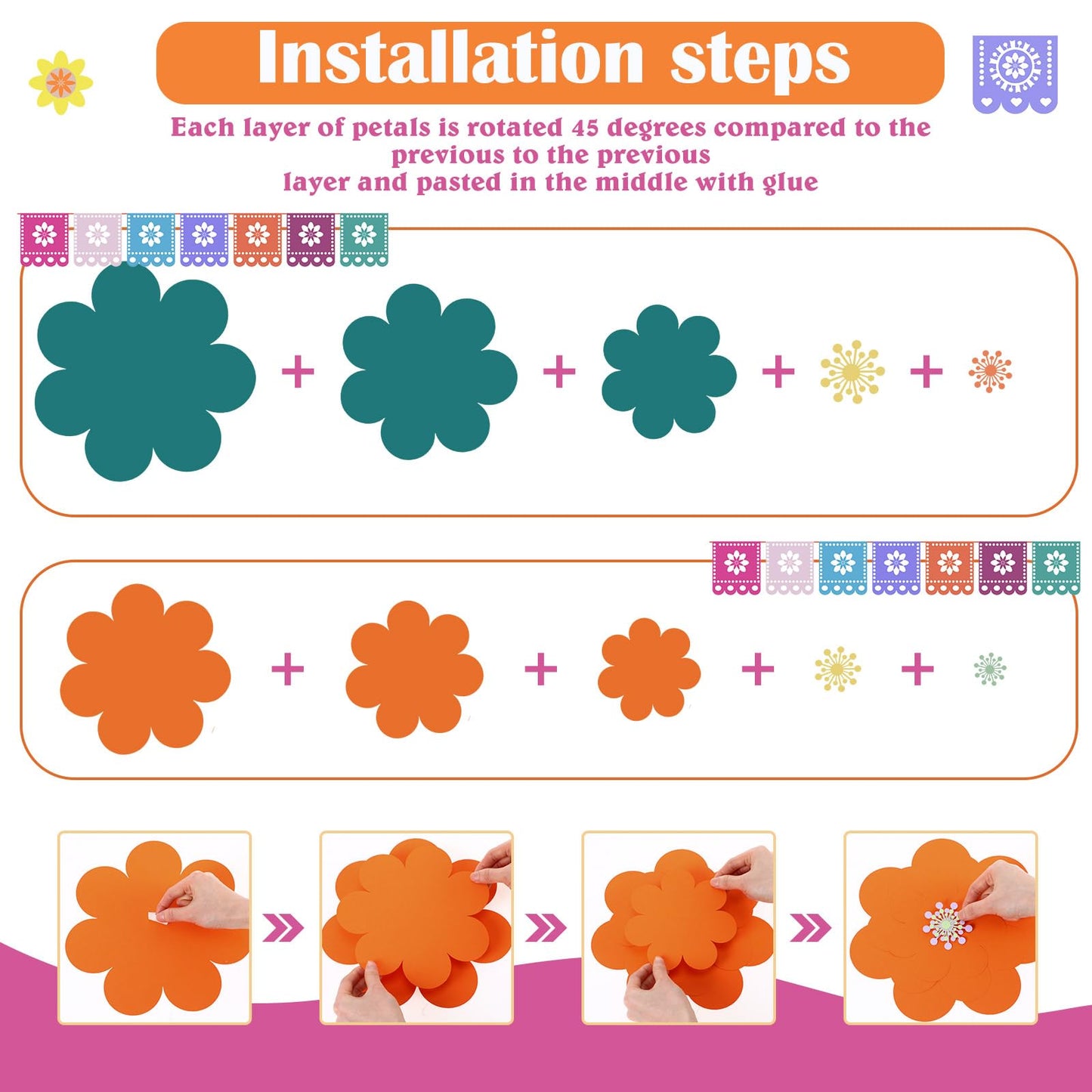 Mooliwe Paper Flowers Decorations for Wall DIY 3D Paper Bulletin Board Mexican Flowers Backdrop Decoration for Classroom Back to School Holiday Party(Bright,12 Set)