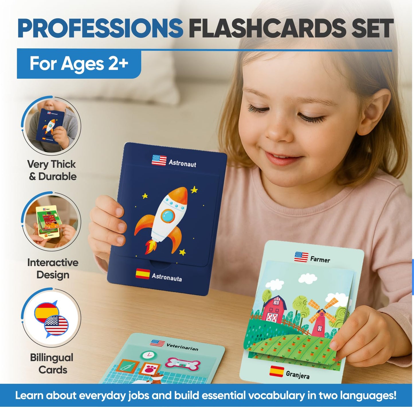 Kidrox Career & Professions Flash Cards, English Learning Cards with Spanish Translations, Interactive Open & Cover, 30 Pack