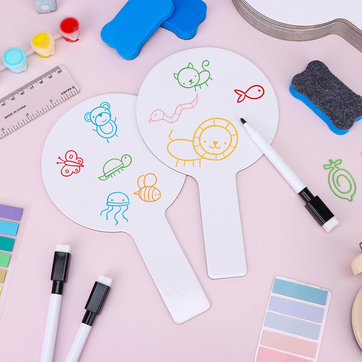18 PCS Dry Erase Answer Paddles, Handheld Double Sided Paddles Mini White Boards with 18 Black Markers 6 Erasers, Dry Erase Signs for Classroom Teaching Office Meeting Voting Bridal Shower Games