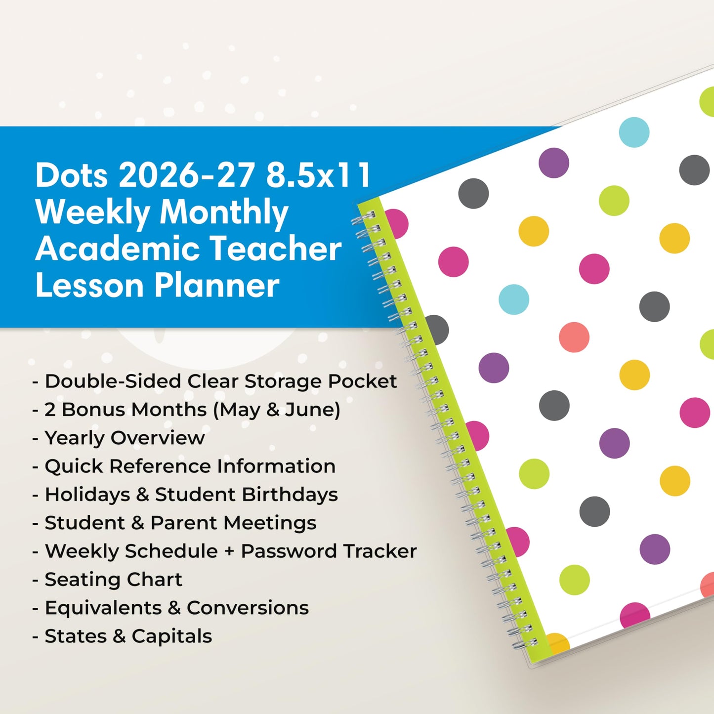 Blue Sky 2026-2027 Weekly and Monthly Academic Year Teacher Lesson Planner Calendar, July 2026 - June 2027, 8.5" x 11", Clear Pocket Cover, Wirebound, Laminated Tabs, Storage Pocket, Dots