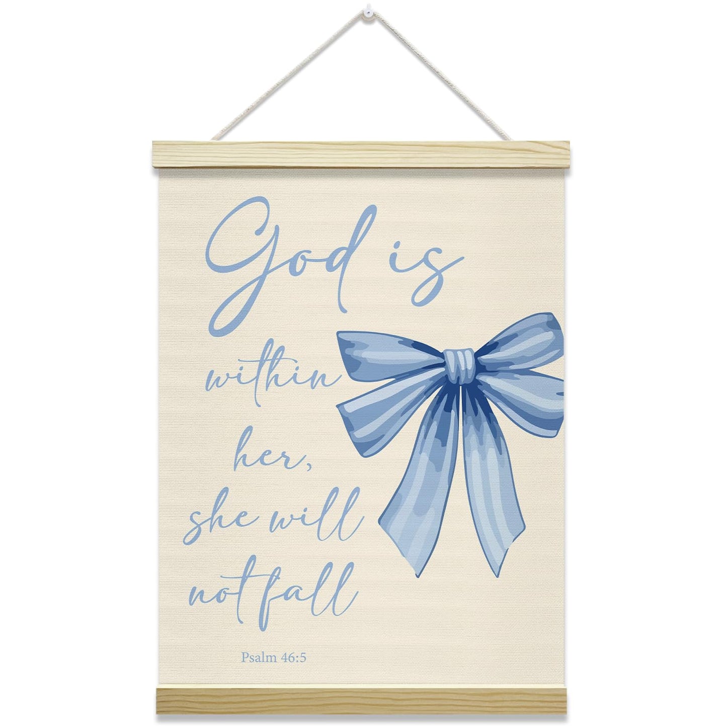 Blue Bow Coquette Poster Hanger Frame, God is within Her Bible Verse Christian Posters Canvas Wall Art for Women Girls Dorm Bedroom Decor, 12x16 Inches -030