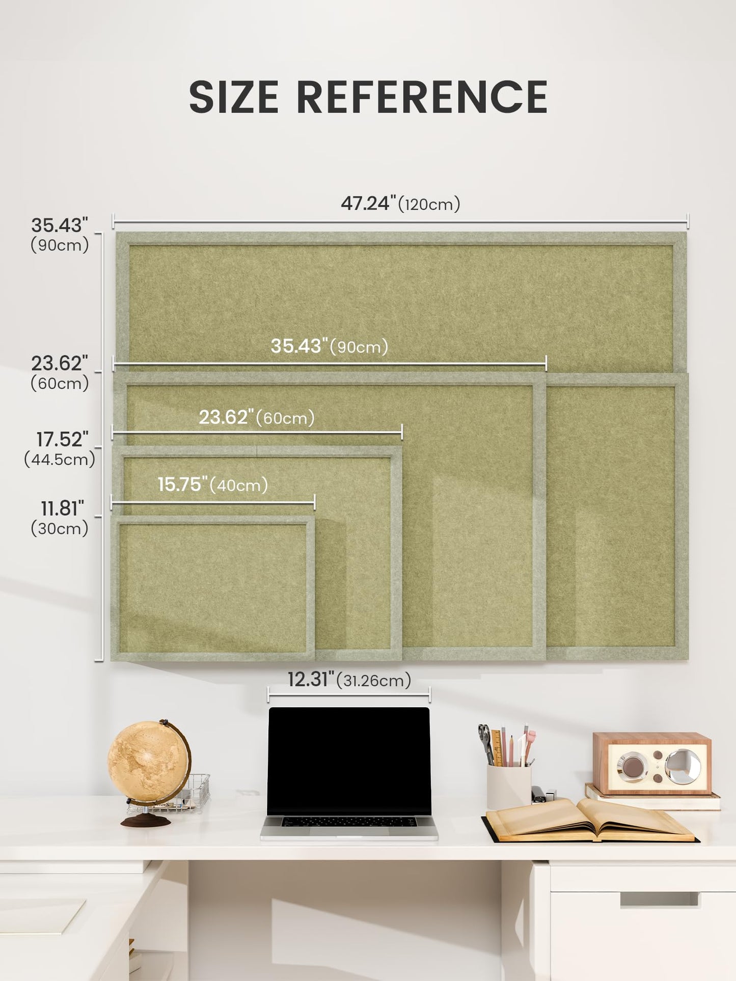 Fluxynara Foldable Cork Board Alternative, Felt Bulletin Board 23.6" x 17.5" Sage Frame with 12 Adhesive Tabs, Pin Board for Home Office, Classroom, Entryway, Kitchen Wall Decor—Olive Green
