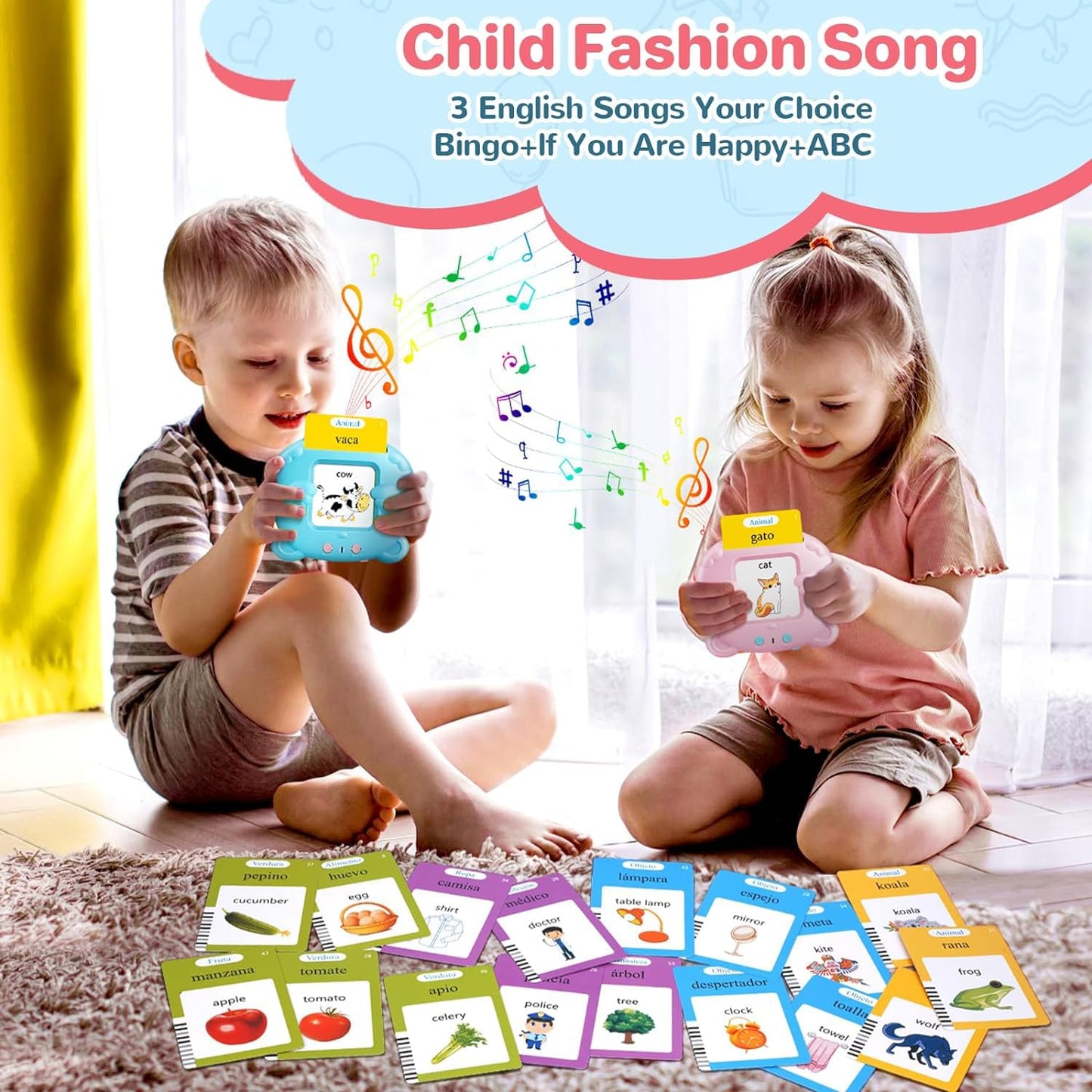 Spanish & English Talking Flash Cards for Toddler, Bilingual Flash Cards Learning Montessori Toys with 224 Sight Words, Speech Therapy Toys for Children Sensory Preschool Education