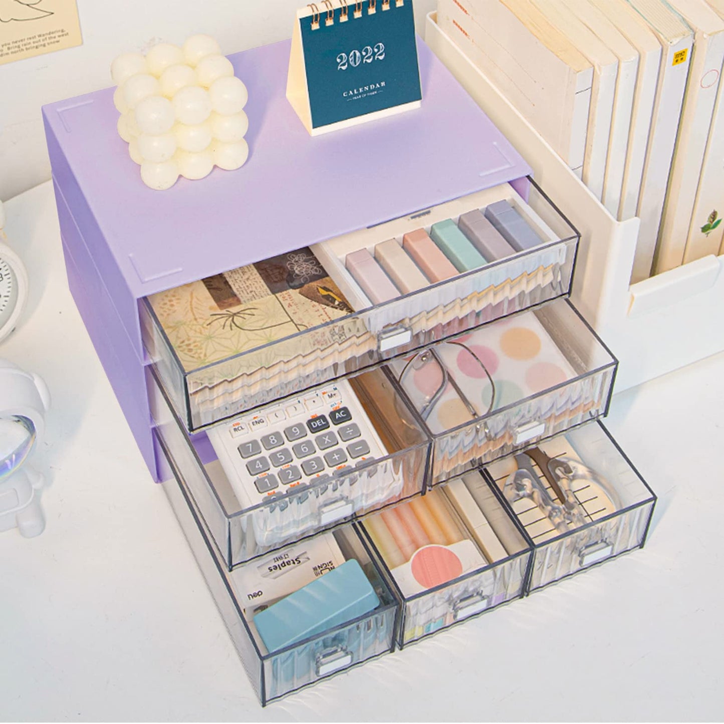 3 Tier Stackable Desk Organizer with 6 Drawers, Plastic Desktop Storage Box Drawers, Detachable Makeup Storage Office Stationery Supplies Organizer for Office School(Purple)
