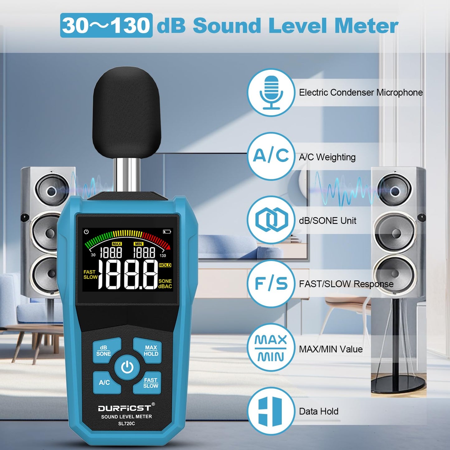 Decibel Meter, DURFICST Sound Level Meter with LCD Color Screen, 30-130dB SPL Meter with A/C Weighting, Data Hold, MAX/MIN,dB/SONE Unit,FAST/SLOW Response,for Home, Office, Factory, Noisy Neighbors