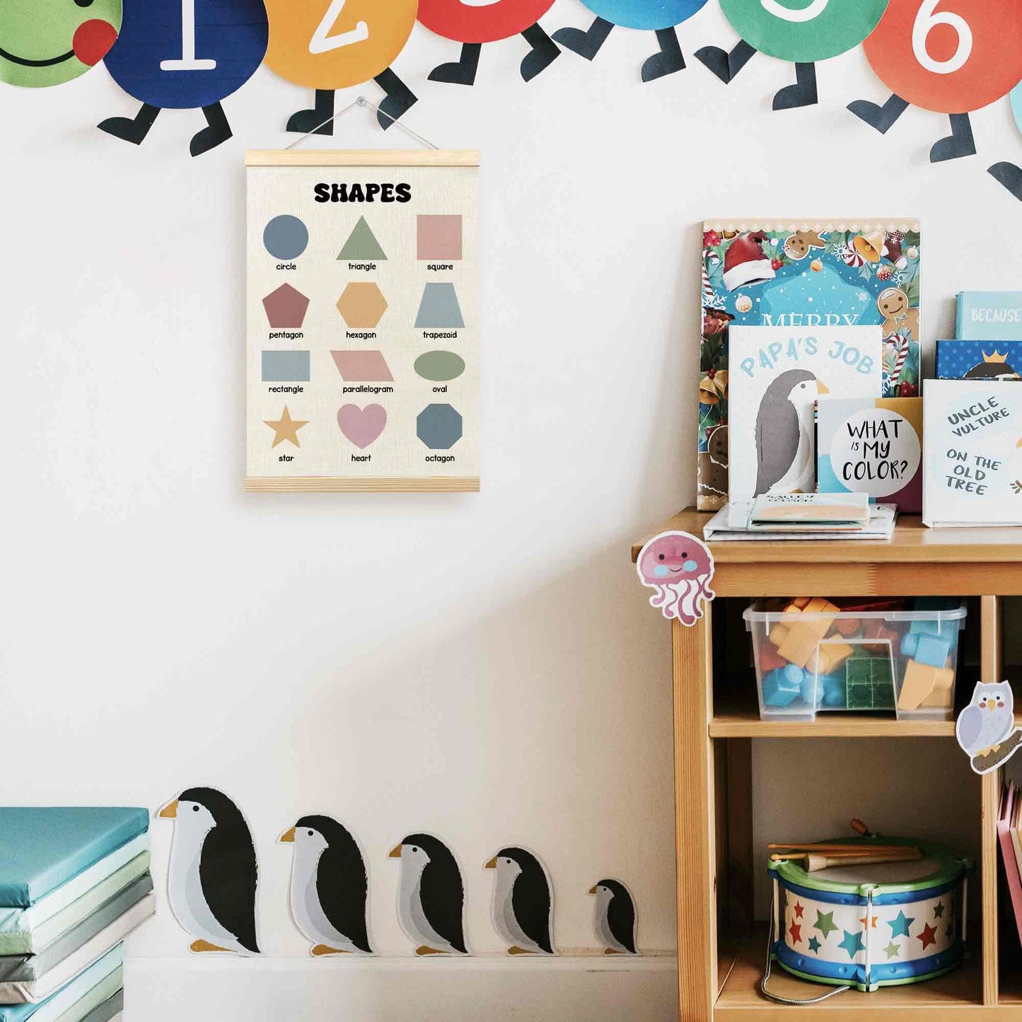 TLESKE Boho Classroom Shapes Chart Poster Hanger Frame, Homeschool Hanging Wall Art Decor for Toddlers Kids Room Nursery Playroom, Preschool Prek Learning Educational Poster Print Banner, 12x16