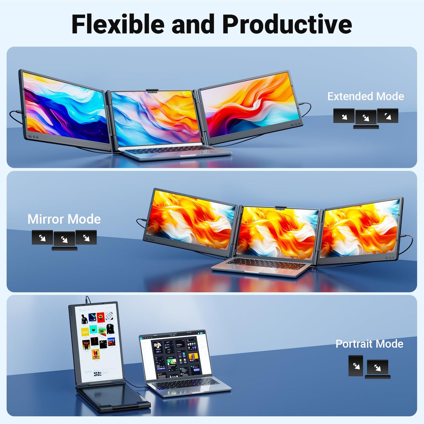 Ygretyrjh Laptop Screen Extender, 14" Triple Portable Monitor for Laptop, 1080P FHD IPS Screen Extender Monitors for 13"-17", Travel Monitor for Mac/Windows/Chrome, Built-in Speakers