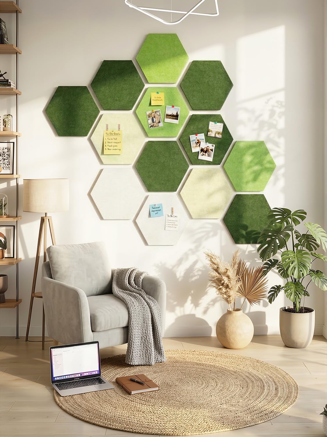 Uoisaiko 8 Pack Hexagon Felt Bulletin Board Tiles - 12" Large Thick Pin Board for Walls with 30 Push Pins, DIY Boards for Office Home School Decor, Aesthetic Hex Cork Board Alternative