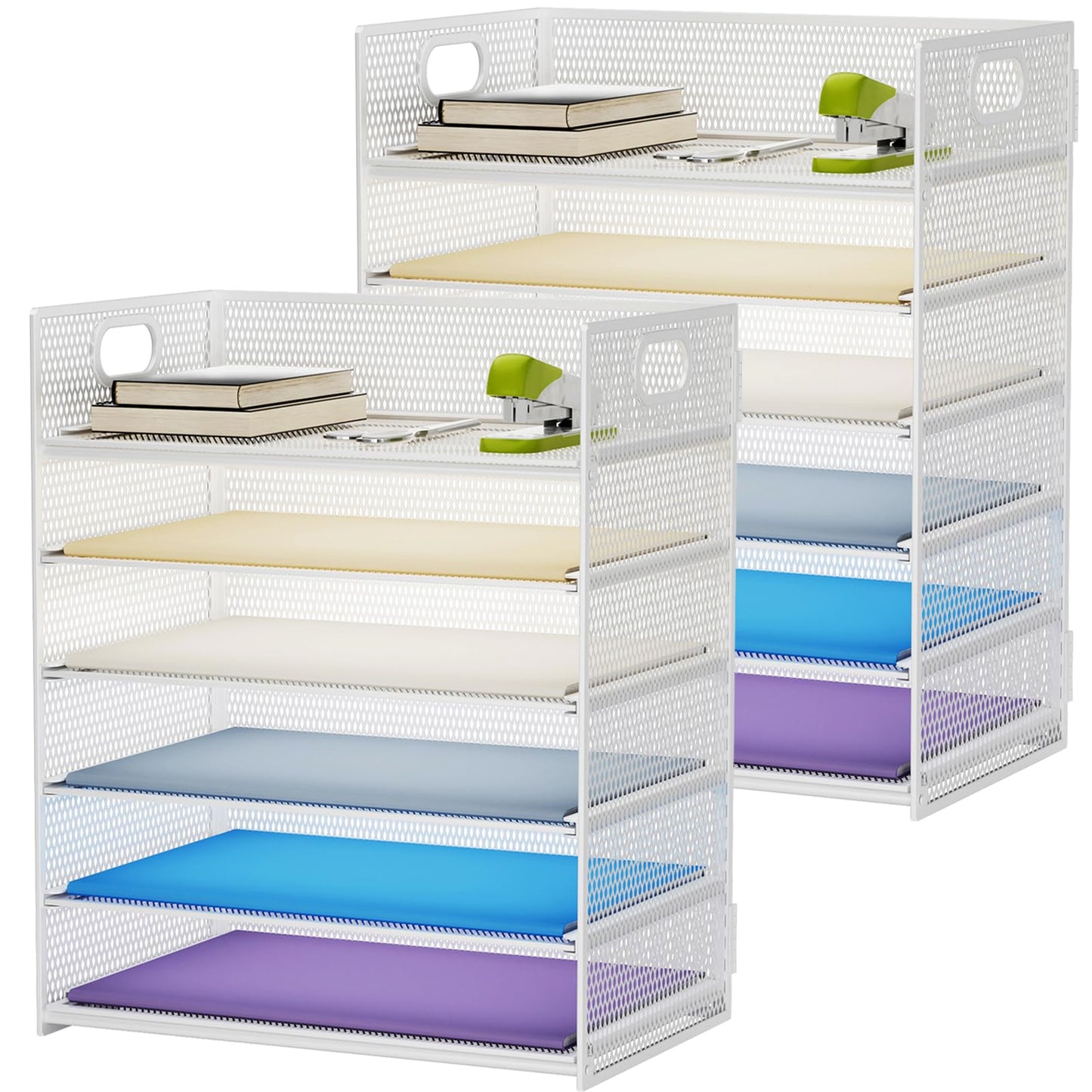Marbrasse 2 Pack Desk Organizer with Handle, 6 Tier Paper Letter Tray, Mesh Desk File Organizer for Office, School and Home - Whtie