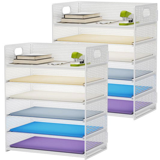 Marbrasse 2 Pack Desk Organizer with Handle, 6 Tier Paper Letter Tray, Mesh Desk File Organizer for Office, School and Home - Whtie