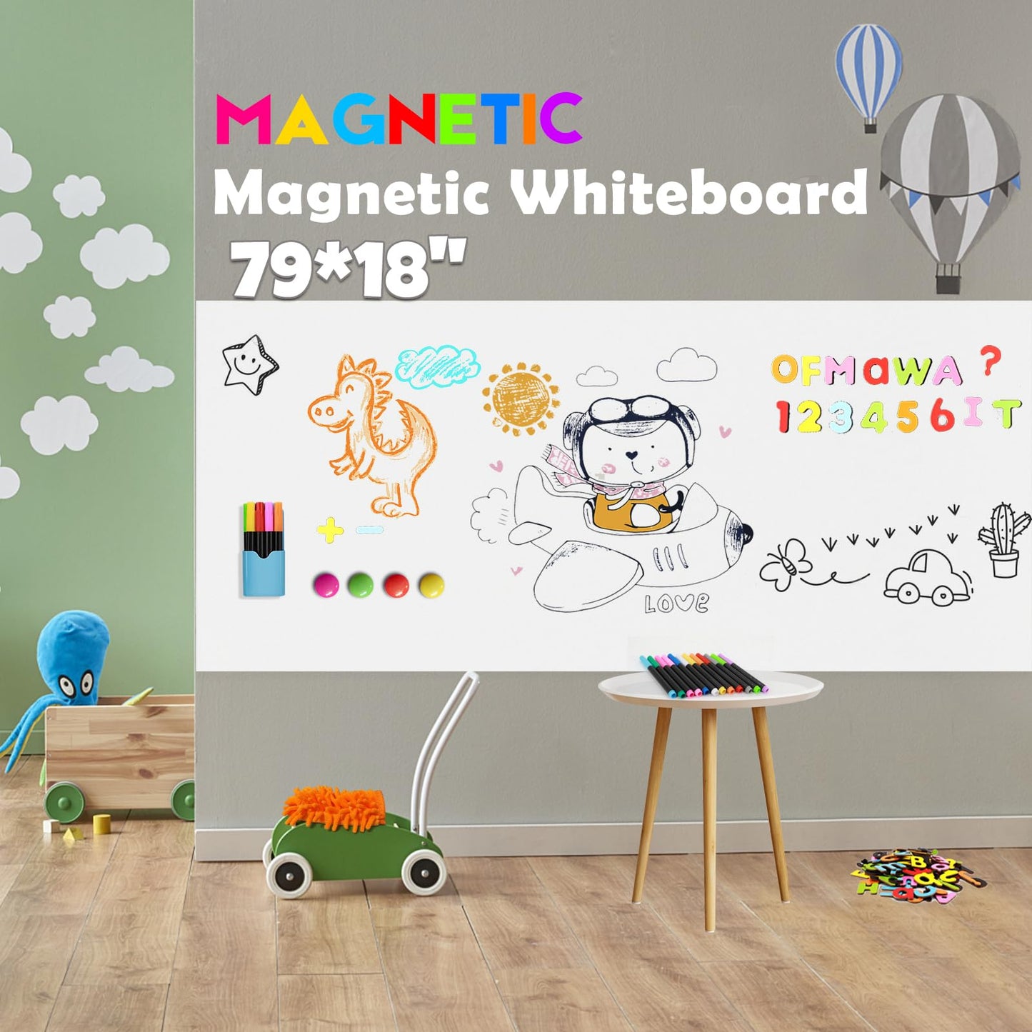 Ykall Magnetic Whiteboard Contact Paper 79"x18" Adhesive Magnetic Dry Erase White Board Sticker for Wall,Peel and Stick Wallpaper with 93 Pcs Kit for Kids,Easy to Write and Clean for Home Playroom