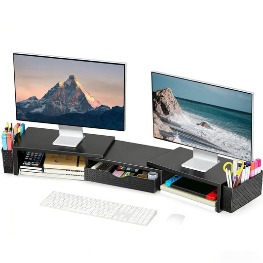 Spacrea Metal Desk Organizers and Accessories, Dual Monitor Stand Riser with Drawer and 2 Pen Holders, Book Racks, Desk Accessories & Workspace Desktop Organizers for Office Supplies (Black)