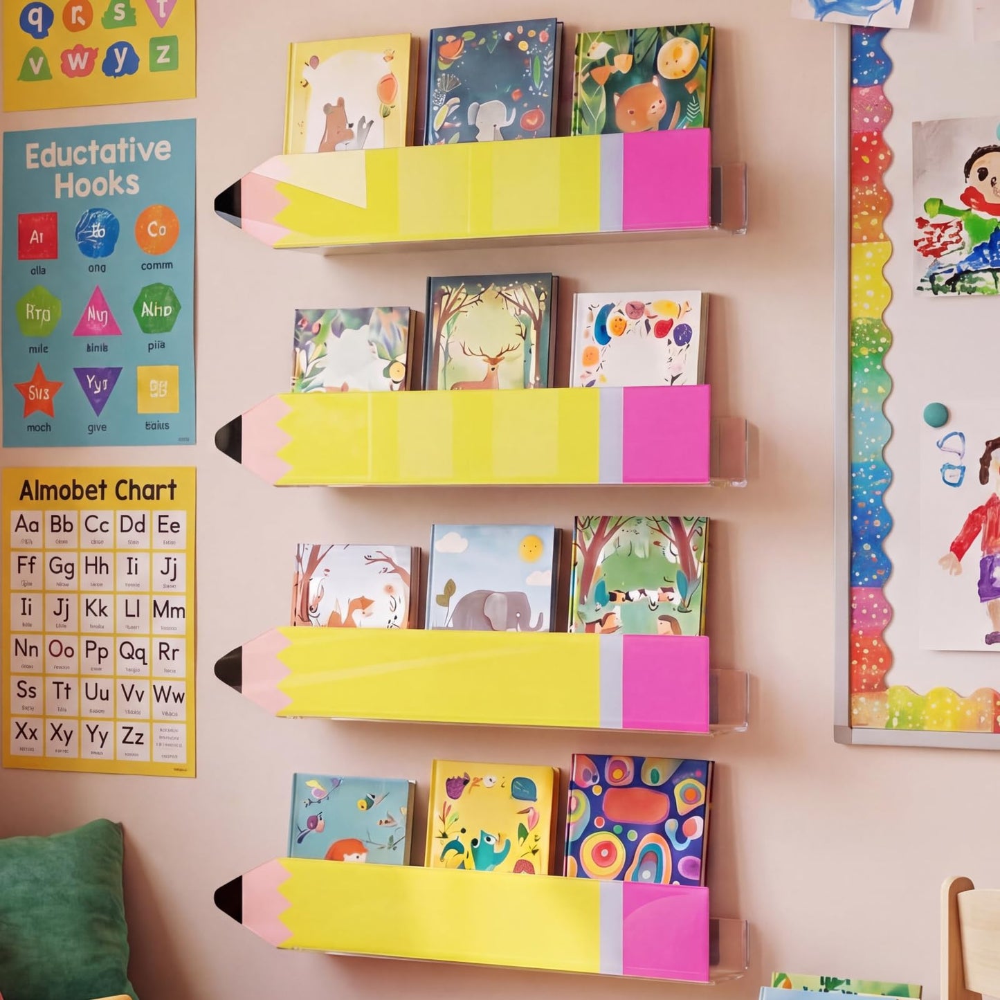 Sabary 4 Set Pencil Acrylic Magnetic Book Shelf Pen Holder for Whiteboard Pencil Classroom Decor Bearing Magnetic Books Display Holder for Teacher Classroom Office