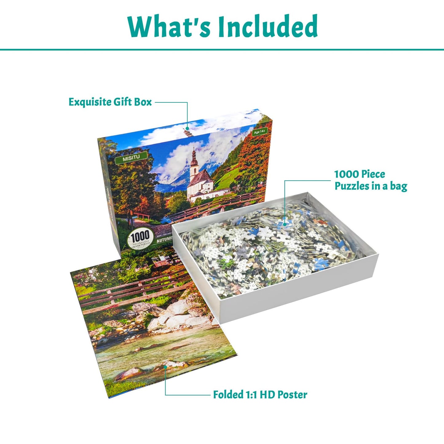 MBOQIU 1000 Piece Puzzle for Adults - Autumn Church Puzzles for Adults 1000 Pieces, Letters on Back, Countryside Landscape Jigsaw Puzzle, Challenging Puzzles for Teens Seniors - 27.6 x 19.7 inches