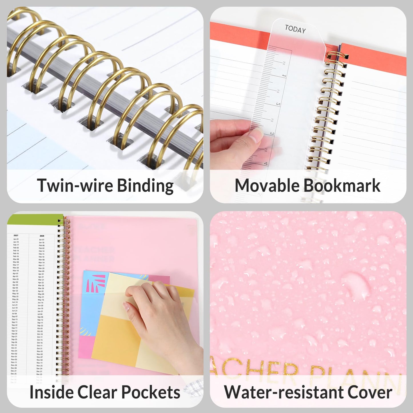 SUNEE Teacher Planner 2026-2027 Academic Year, Lite Lesson Planner Book with 7 Periods Jul 2026 - Jun 2027, 8.5"x11" Daily Weekly and Monthly Organizers, Plan Book with Pocket Folder, Color Tabs,Pink