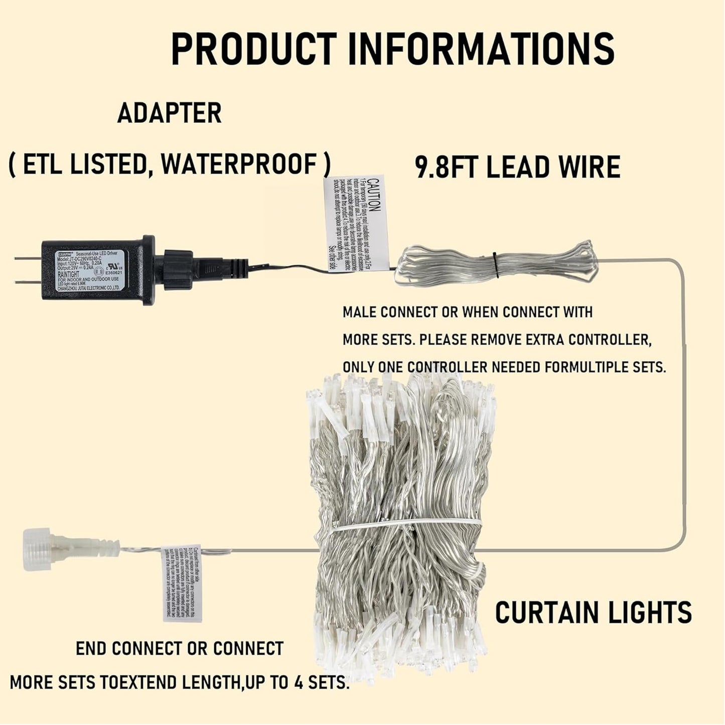 Dazzle Bright 300 LED Curtain String Lights, Waterproof, 8 Modes, Pink, Model CL-300CC