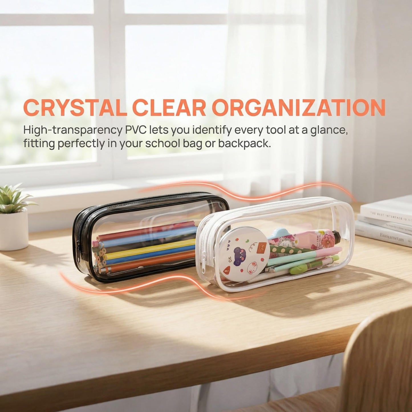 WUWEOT 10 Pack Clear Pencil Case, PVC Pencil Bag Makeup Pouch, Big Capacity Travel Toiletry Bag with Zipper for Office Stationery and Travel Storage (Black+White)