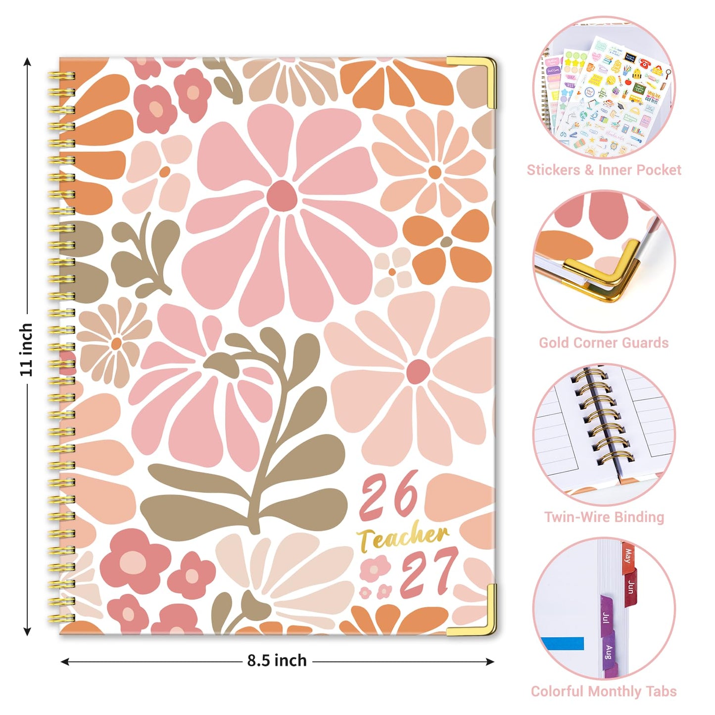 Teacher Planner 2026-2027 Academic Year, Jul.2026 - Jun.2027, 8.5" x 11" Lesson Planner Book for Teachers, Teacher Planners with Colorful Monthly Tabs for Homeschool & Classroom Organization - Pink