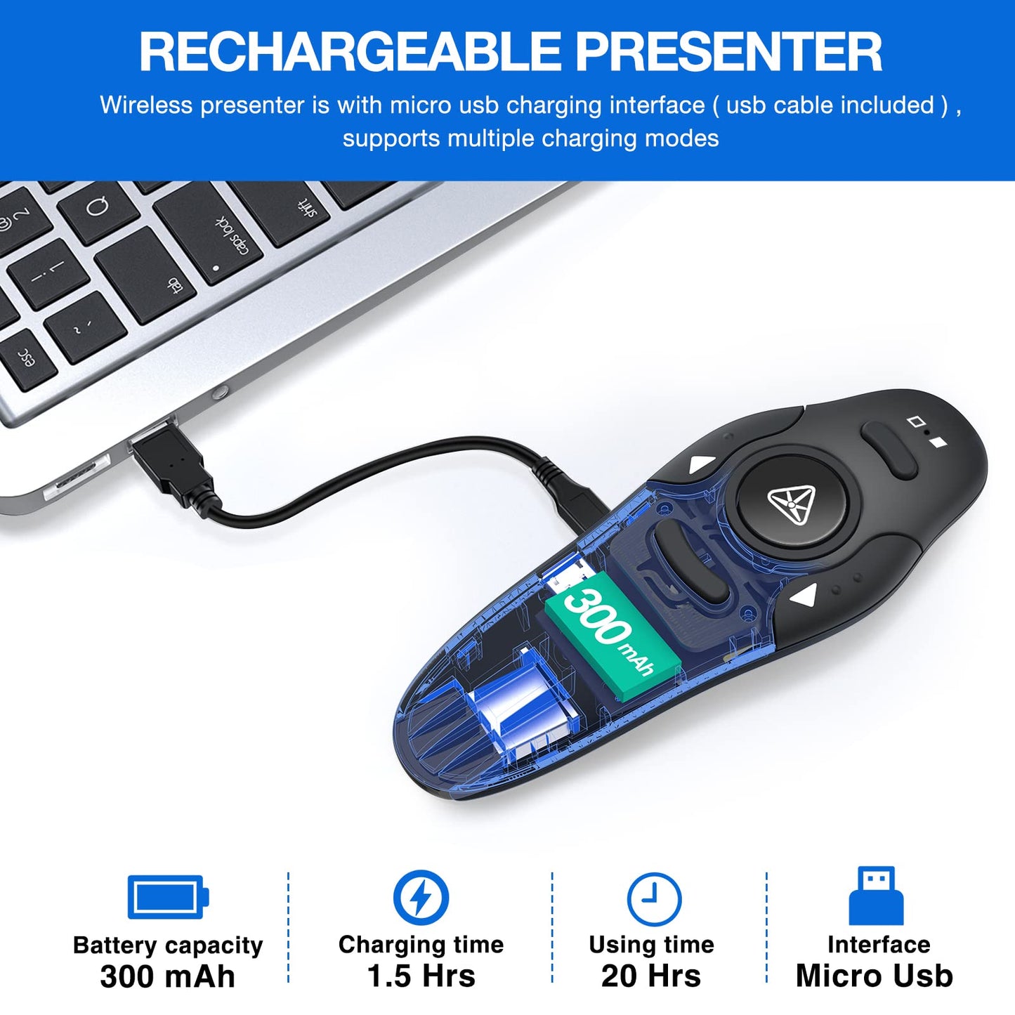 Rechargeable Presentation Clicker Wireless Presenter Remote USB Control Powerpoint PPT Clicker, RF 2.4GHz Presenter Remote Slide Advancer for Computer/Laptop/Mac/Keynote
