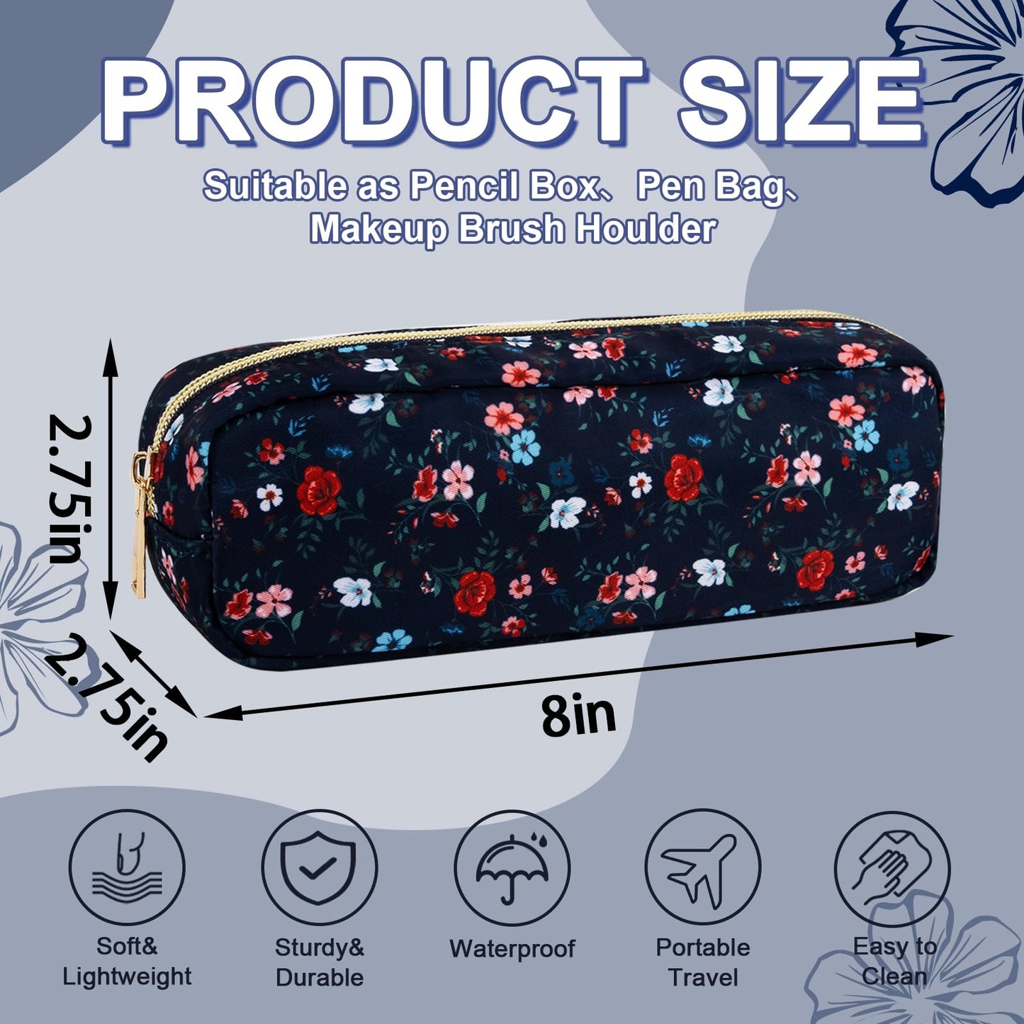 UIXIZQ Waterproof Small Floral Pencil Case Makeup Bag for Purse,Cute Flower Pencil Pouch Preppy Nylon Makeup Brush Holder with Zipper,Girls Portable Storage Case Pen Bag for Work(Slim Black-Flowers)