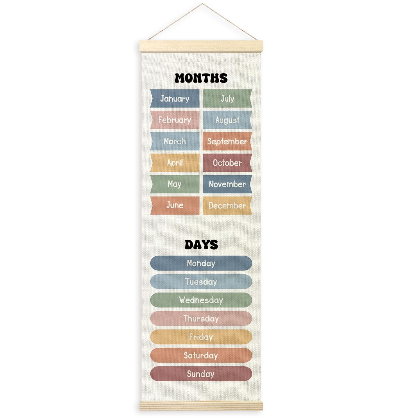 TLESKE Months of the Year Days of the Week Classroom Wall Art Poster, Educational Wall Decor Hanging Poster with Hanger Frame for Classroom, Toddlers Kids Wall Prints Picture Framed Banner, 12x35