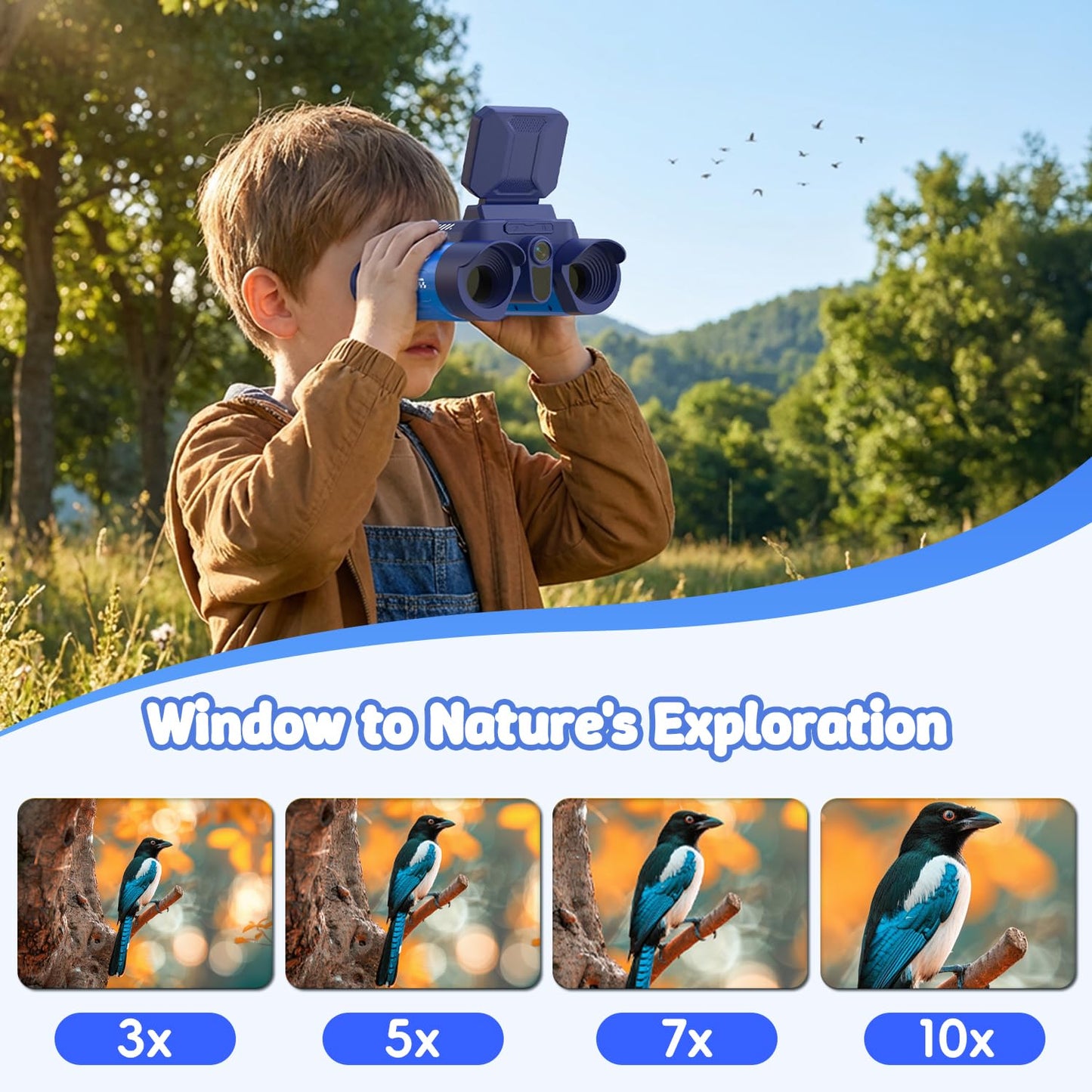 OAEBLLE Kids Binoculars with Night Vision Camera, 10X Zoom Digital Adventures Telescope with 2.4" IPS Screen, Nature Explorer STEM Toys for Bird Watching Camping, Gifts for Boys Girls Age 4-12 - Azure