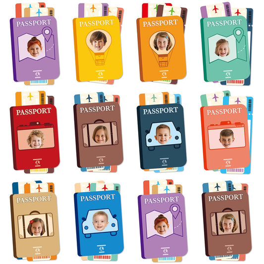 60pcs Passport Theme DIY Cutouts Passport Bulletin Board Decoration Set World Travel Paper Cut-Outs Classroom Decor for Boy Girl Classroom DIY Photo Craft Kindergarten School Wall Door Supplies