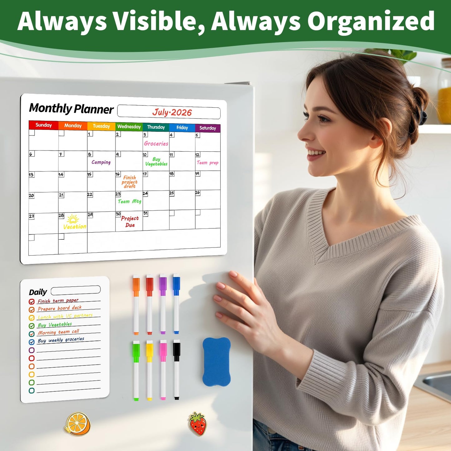 FINDMAG 4 Pack Magnetic Whiteboard for Fridge, 16.5"x11.8" Magnetic Calendar for Planner 2026, Kitchen White Board, Fridge Calendar for Cleaning Schedule and Checklist(1 Eraser, 8 Markers)