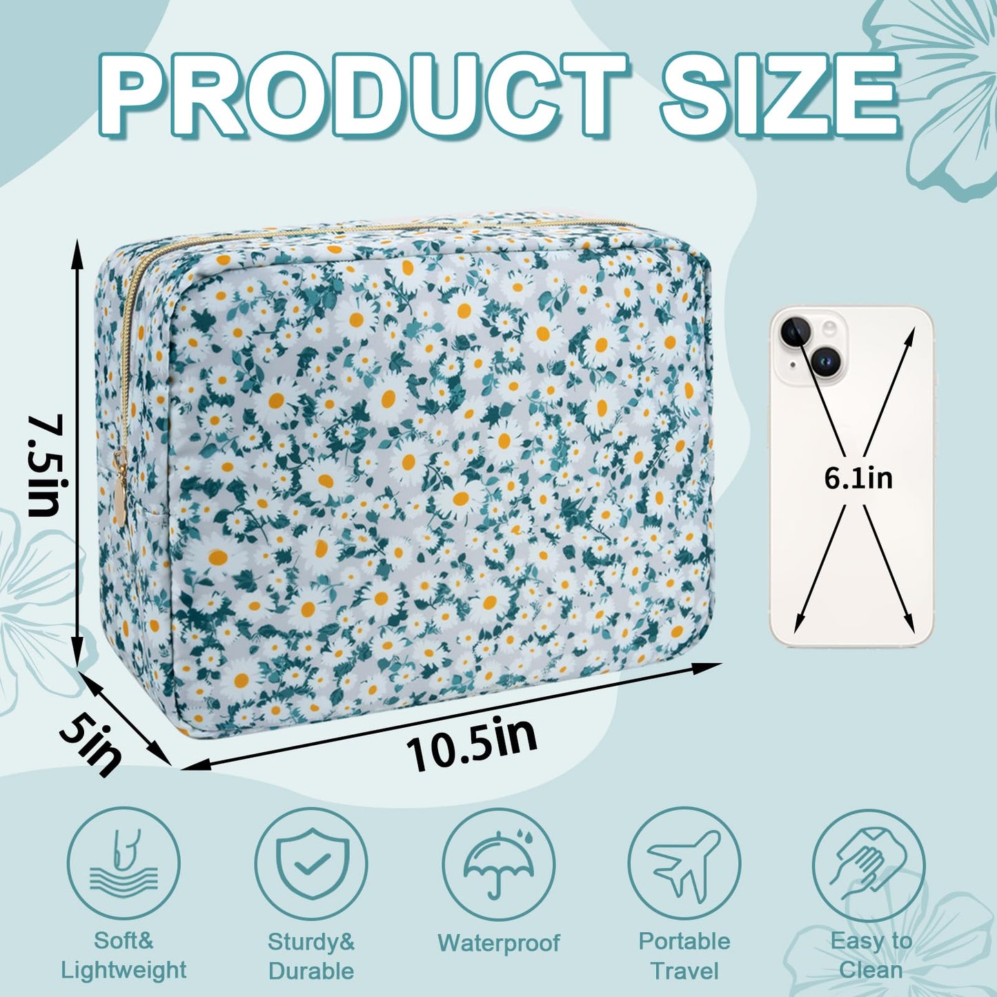 UIXIZQ Waterproof Large Floral Makeup Pouch,Nylon Travel Toiletry Storage Purse Preppy Cosmetic Bag for Women Girl,Large Capacity Makeup Organizer Zipper Pouch for Work(L Green-Daisy)