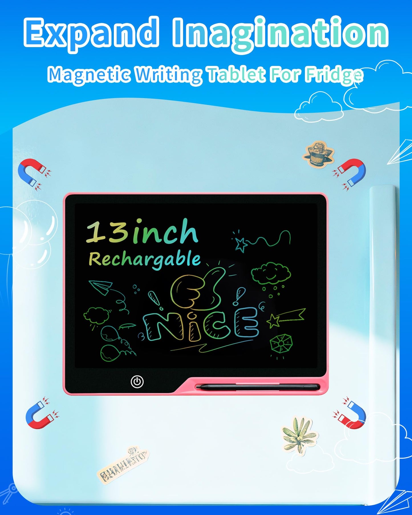 Magnetic LCD Writing Tablet for Fridge, 13 Inch Writing Tablet for Kids, Toddler Drawing Pad, Learning Toys for Boys Girls Ages 3.4.5.6.7.8, Writing Board for to-Do Lists and Family Messages (Pink)