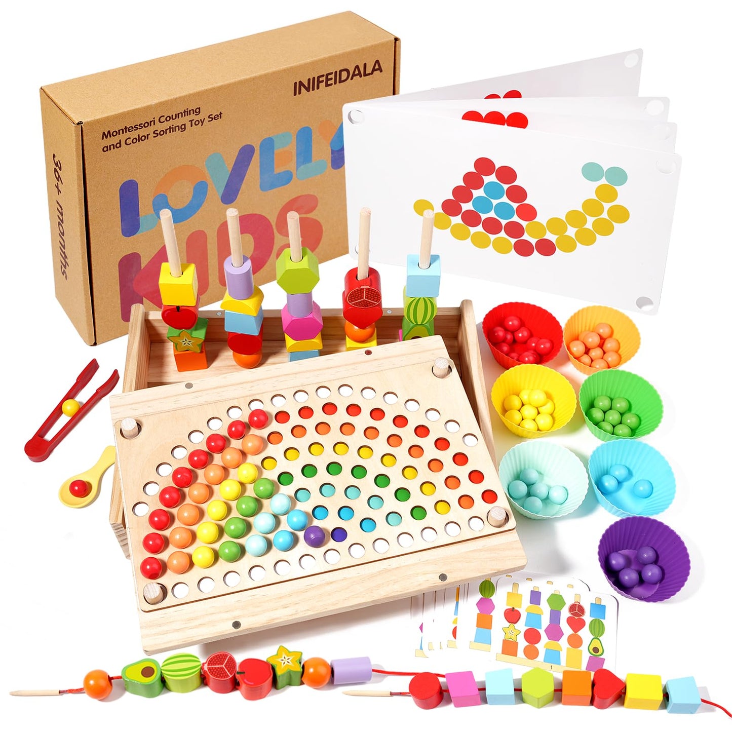INIFEIDALA Montessori Toys for 3 4 5 Year Old,Stacking Blocks,Lacing Beads & Shape Stacker,Wooden Beads Sequencing Toy Set,Fine Motor Skills & STEM Preschool Learning Gifts for Toddlers Boys & Girls