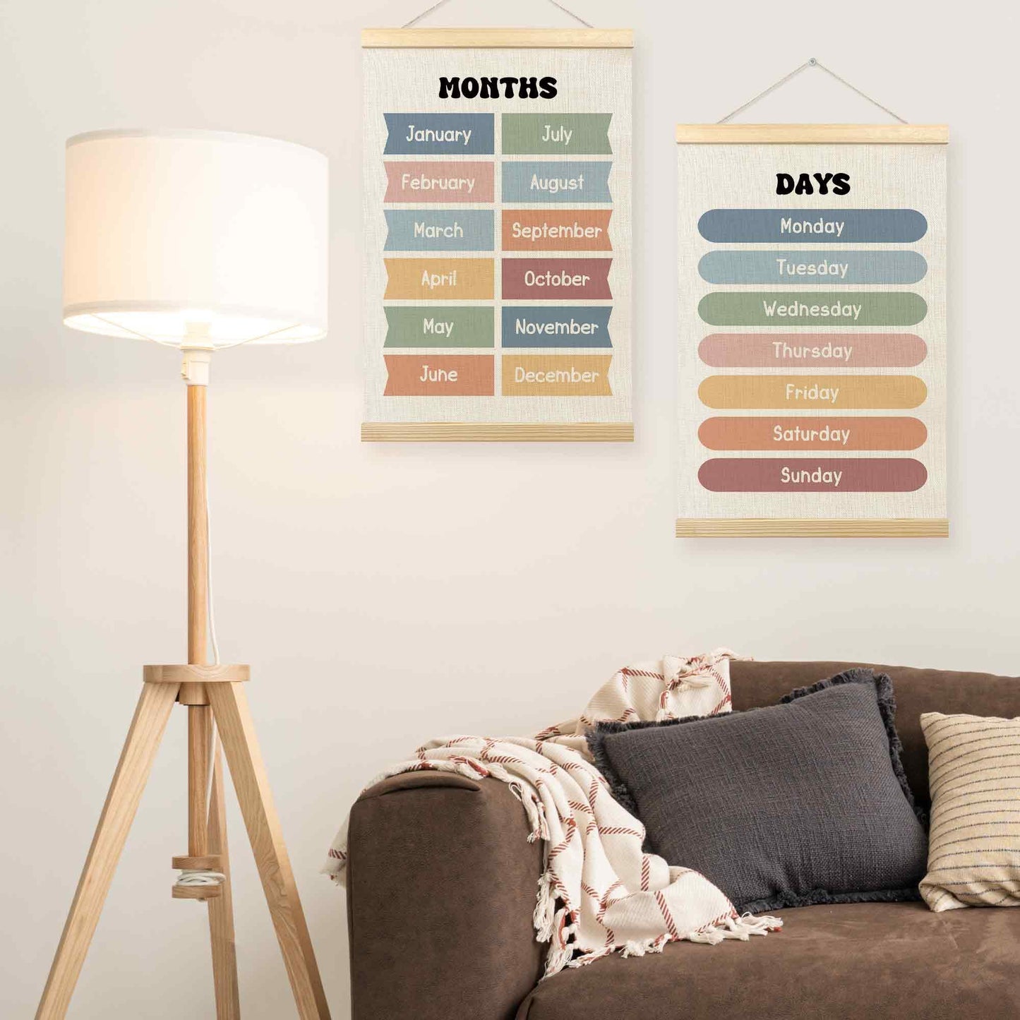 TLESKE Months of the Year Days of the Week Chart Poster Hanger Frame for Toddler Kid Classroom Set of 2, Homeschool Hanging Wall Art for Nursery Playroom, Preschool Learning Educational Poster, 16x24