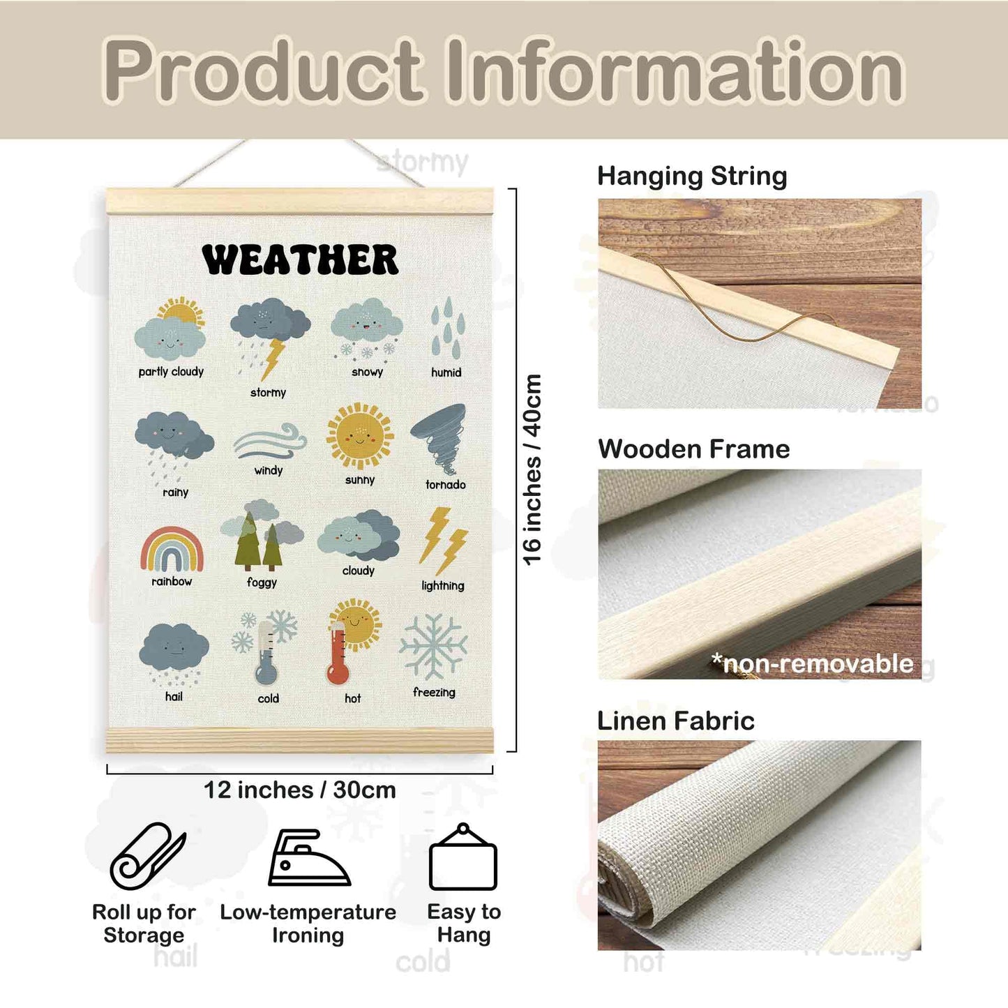 TLESKE Classroom Weather Chart Preschool Poster Hanger Frame, Homeschool Hanging Wall Art Decor for Toddlers Kids Room Nursery Playroom, Prek Learning Educational Poster Print Banner, 12x16