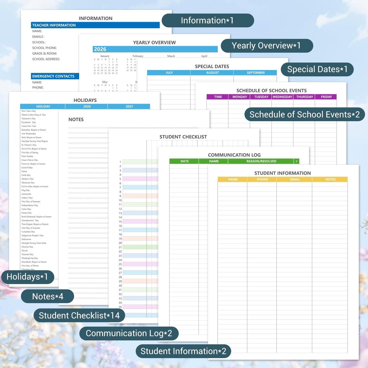 Teacher Planner 2026-2027 Academic Year, Jul.2026 - Jun.2027, 8.5" x 11" Lesson Planner Book for Teachers, Teacher Planners with Colorful Monthly Tabs, Hardcover- Flower Clusters