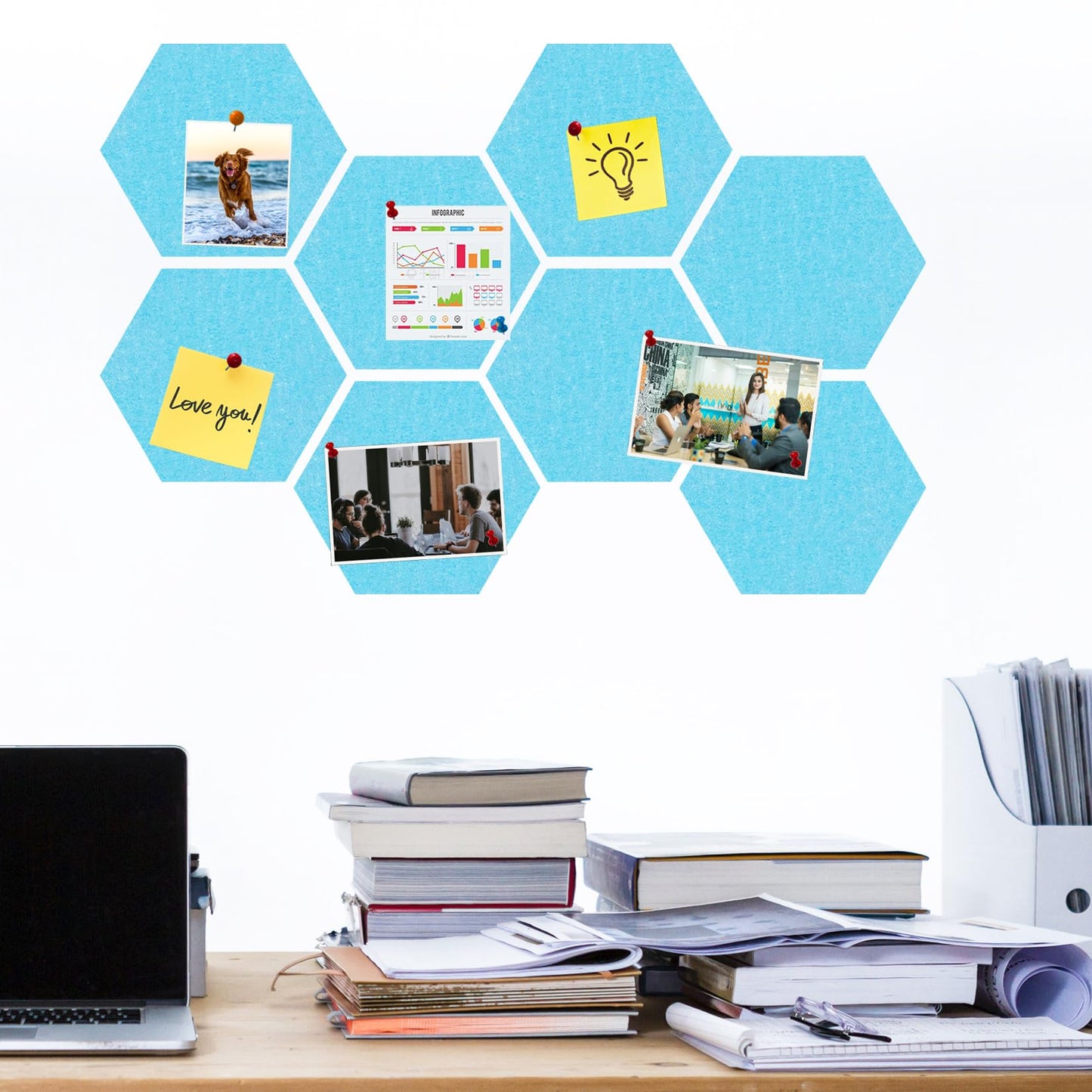 HULAVO Large Hexagon Felt Cork Board Tiles, Self Adhesive DIY Felt Bulletin Board Pin Board with 35 Pushpins for Office School Home Wall Decor Stickers Memos Photos Display(Sky Blue)