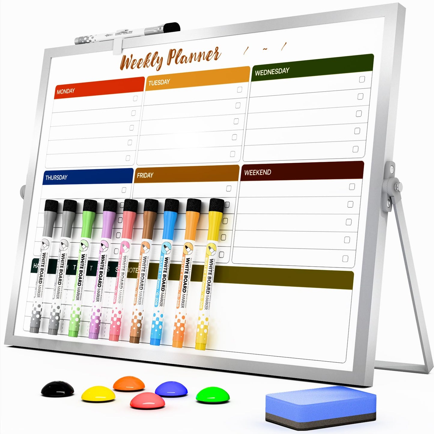 Marsrock Dry Erase White Board with Stand,Double-Sided Weekly Whiteboard 16"x12", 10 Markers, 6 Magnets, 1 Eraser, Portable Desktop Whiteboard for Planning,Weekly Schedule Board for School for Home