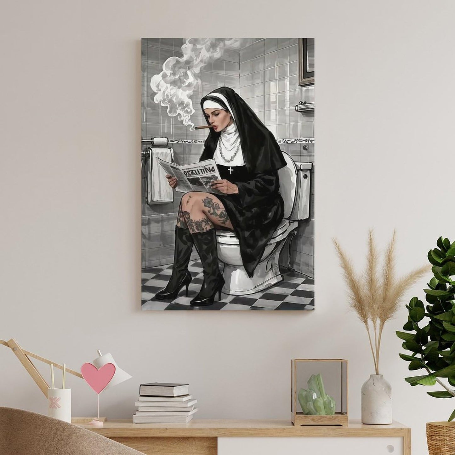 JHXNJDPOST Nun Smoking in Bathroom with Newspaper Poster Black And White Canvas Wall Art Aesthetic Decorative Painting Living Room Restaurants, Pool Halls And Hotelsstyle-6 12x18inch(30x45cm)