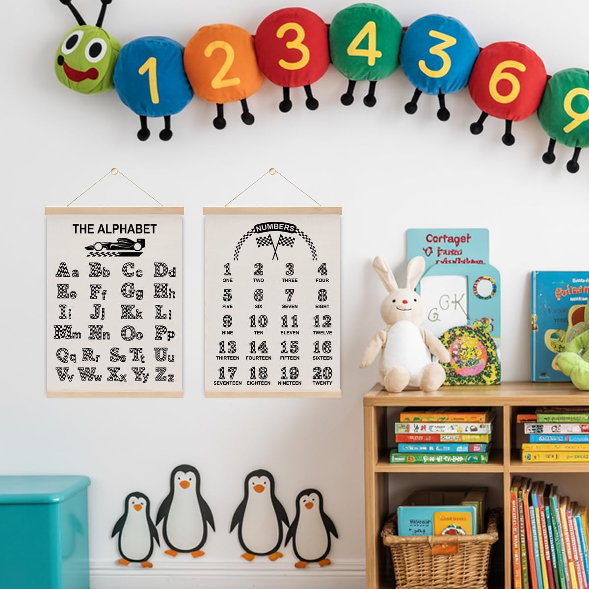 2PCS Car Race Room Alphabet Wall Decor Poster Hanger, F1 Car Enthusiast Room Decor, Boys Educational Posters Wall Art With Wooden Frames for Boys Playroom Nursery Decorations 15.8x11.8 Inch