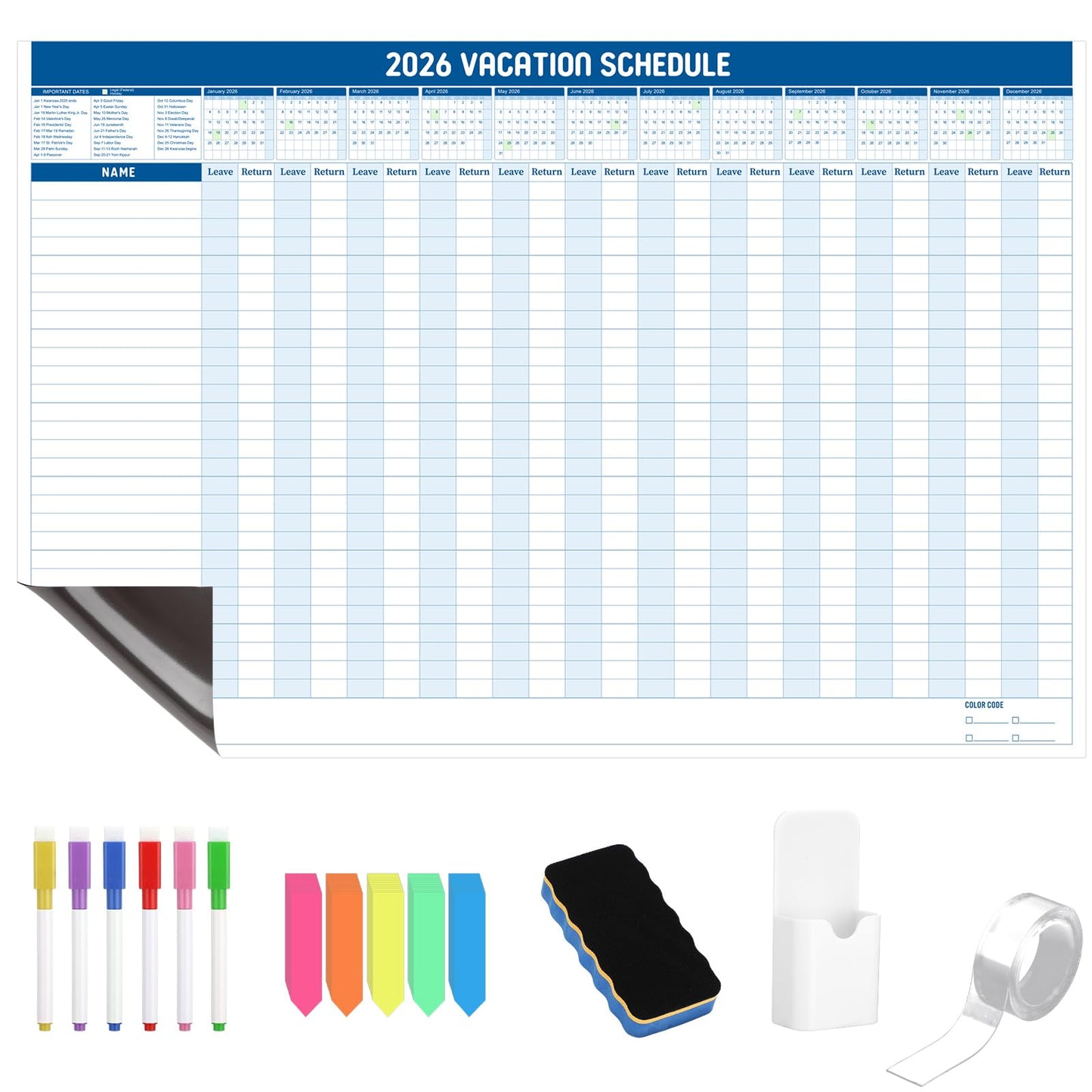 Lincia Large Magnetic 2026 Full Yearly Vacation Board Schedule Dry Erase Wall Planner Calendar Reusable Project Office Whiteboard 24" x 36" Vacation Calendar for Management, Planning, Organizing