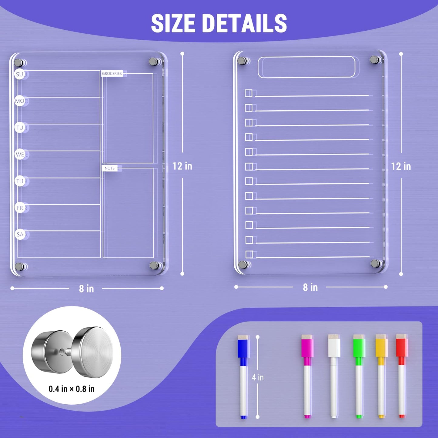 Magnetic Acrylic Weekly Planner and to Do List Set for Fridge – 8"×12" Clear Dry Erase Boards with 6 Markers, Reusable Fridge Whiteboard for Meal Planning, Chores, Office & Family Tasks