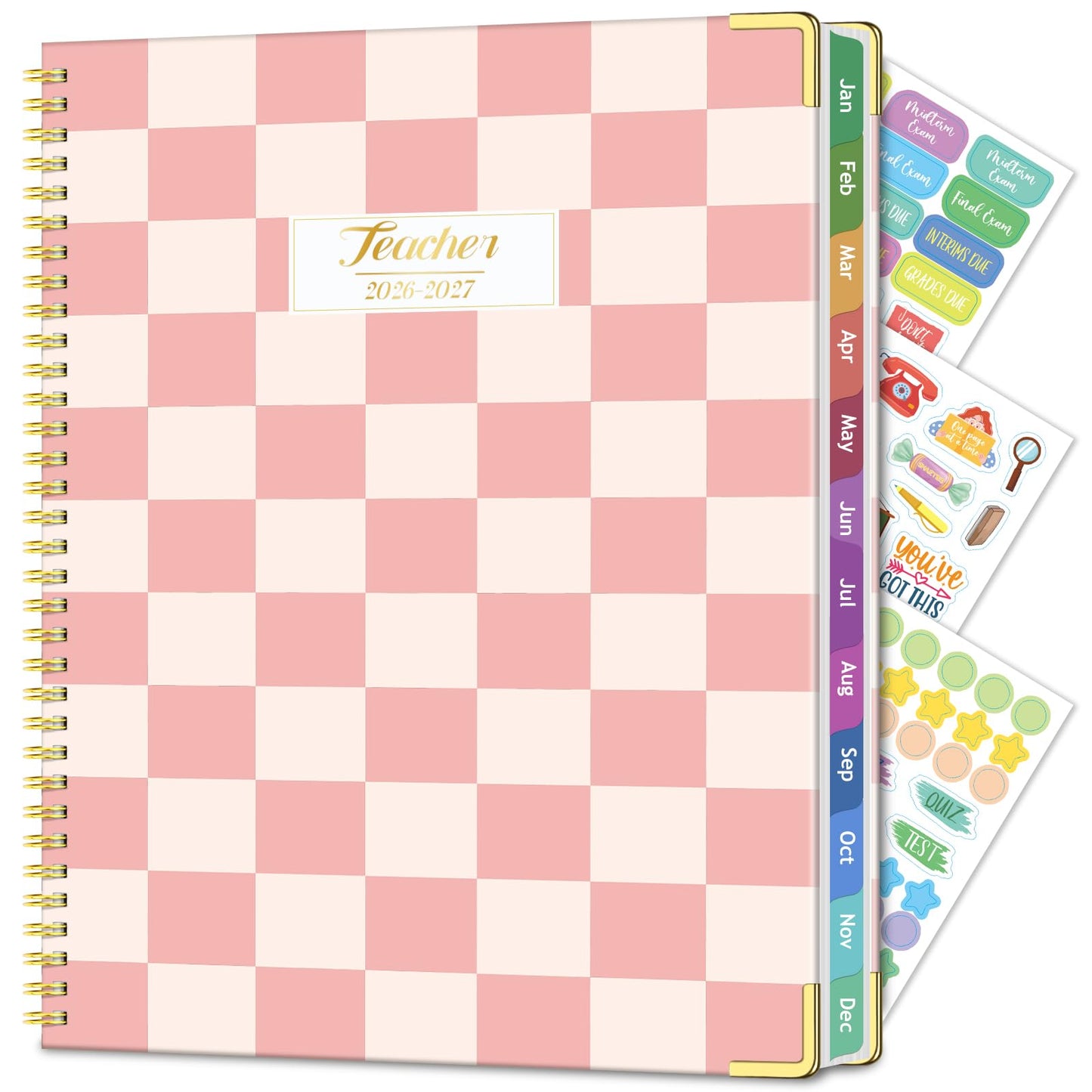 Teacher Planner 2026-2027, Jul 2026-Jun 2027 Academic Year, 8.5" x 11" Lesson Planner Book for Teacher Calendar, Spiral Bound Planners, Planning Stickers, Colorful Monthly Tabs, PinkCheckered