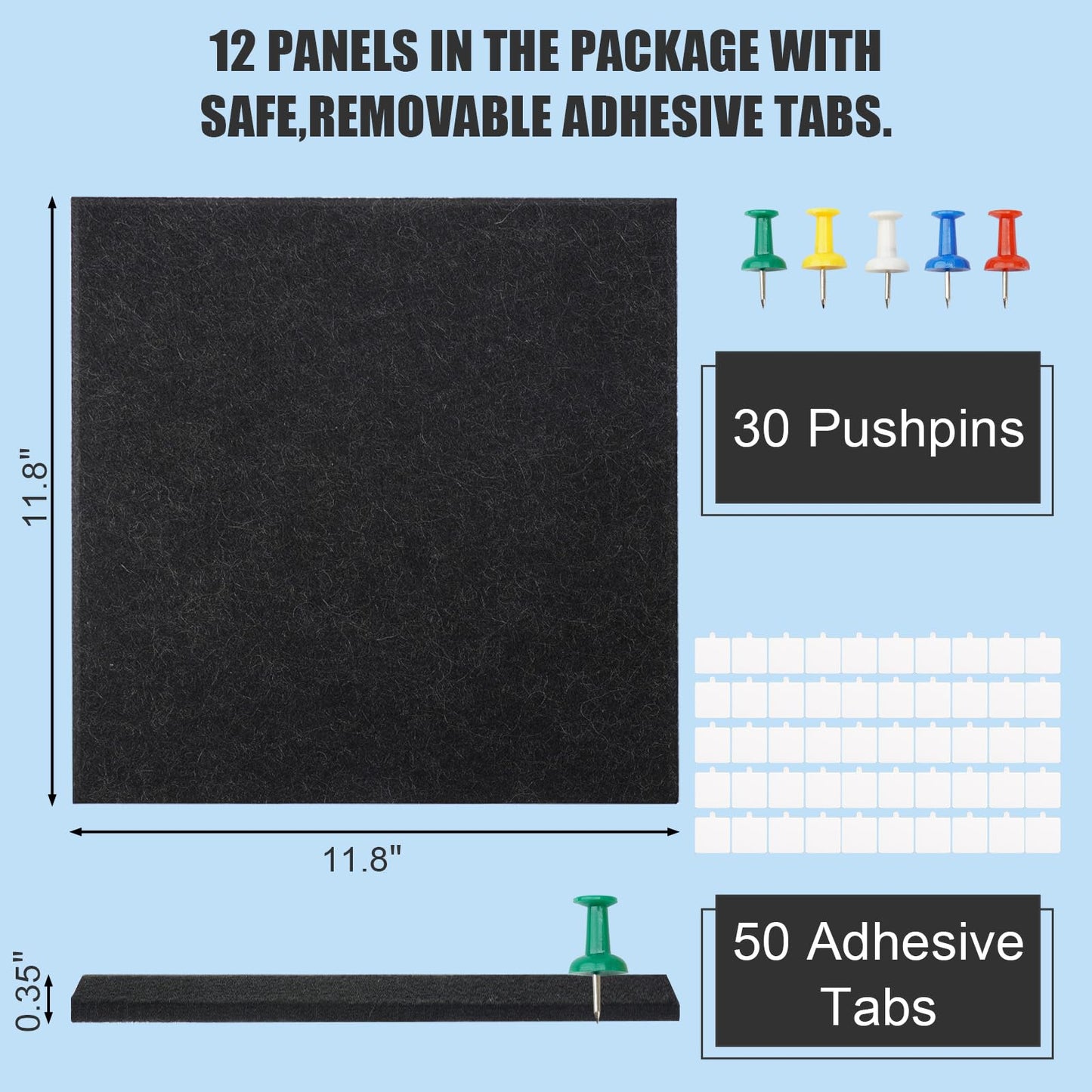 Large Cork Board Alternative 48" X 36" Black Bulletin Board - 12 Pack Removable Felt Wall Tiles with 30 pushpins, Large Cork Boards for Walls Cork Board for Office Pin Board Tack Board